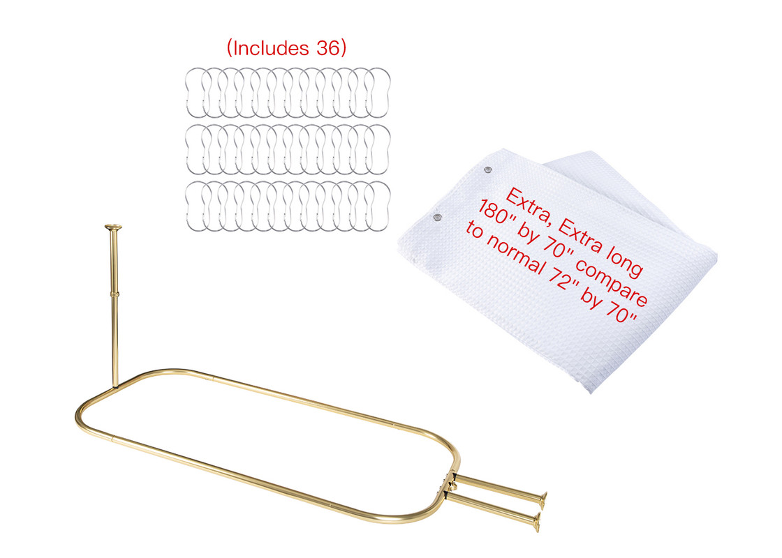 Rustproof Aluminum Hoop Shower Rod with Ceiling Support for Clawfoot Tub - Gold & White - 26 x 54 in.
