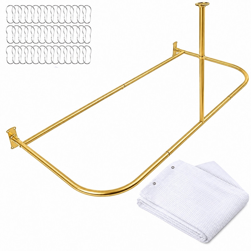 60 x 25 in. Rustproof Aluminum D-Shape Shower Rod with Ceiling Support for Freestanding Tubs, Gold & White