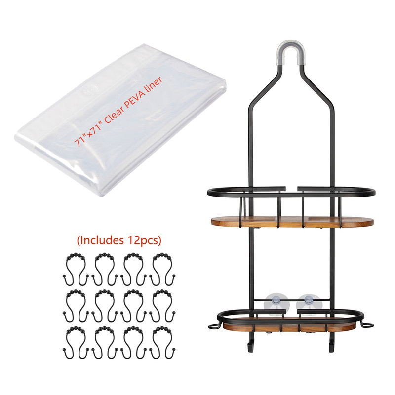 SHC15BK Tia Rustproof Teak Overhead Decorative Shower Rack Caddy with 2 Shelves, Matte Black Finish