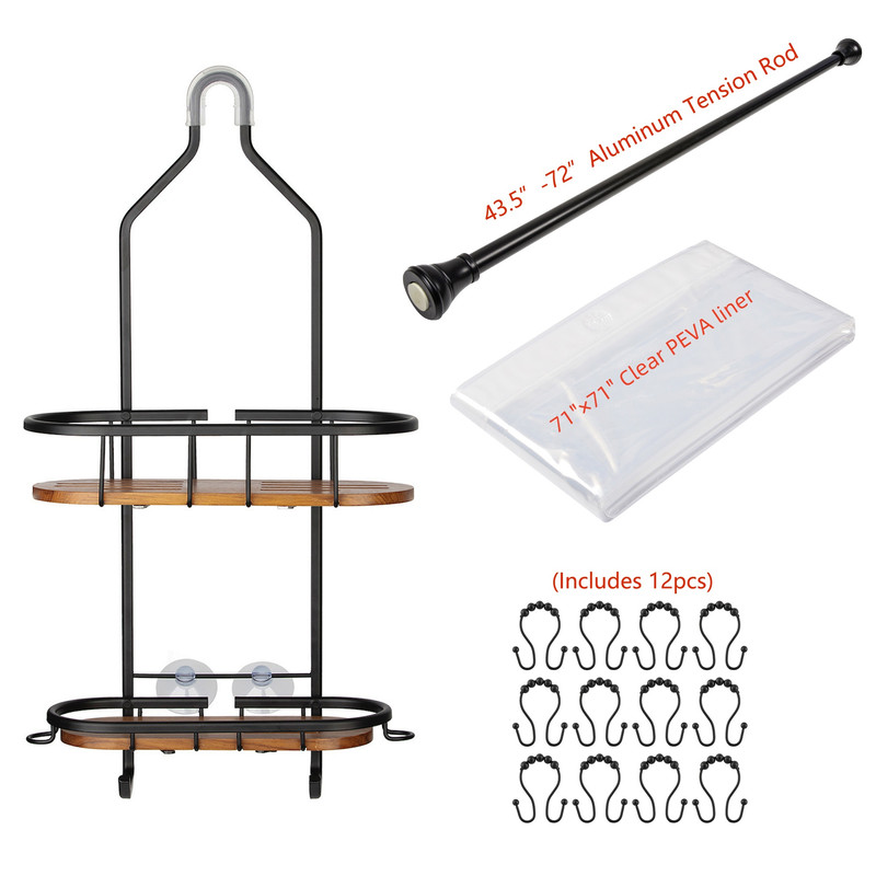 SHCF15BK Tia Rustproof Teak Overhead Shower Caddy with 2 Shelves, Matte Black Finish