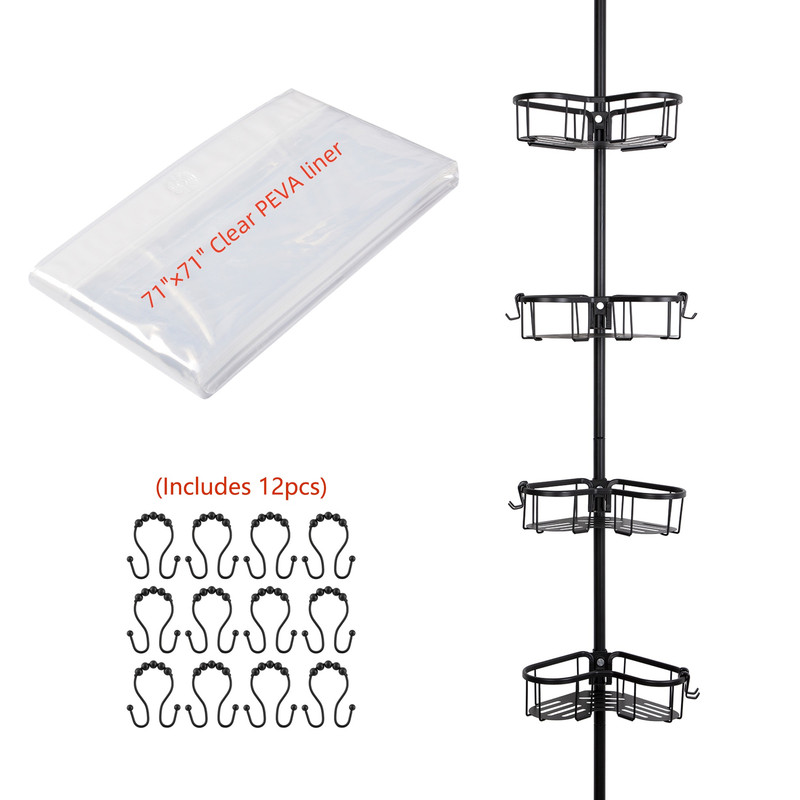 PC9BK Rustproof Corner Shower Caddy with 4 Adjustable Shelves, Matte Black Finish