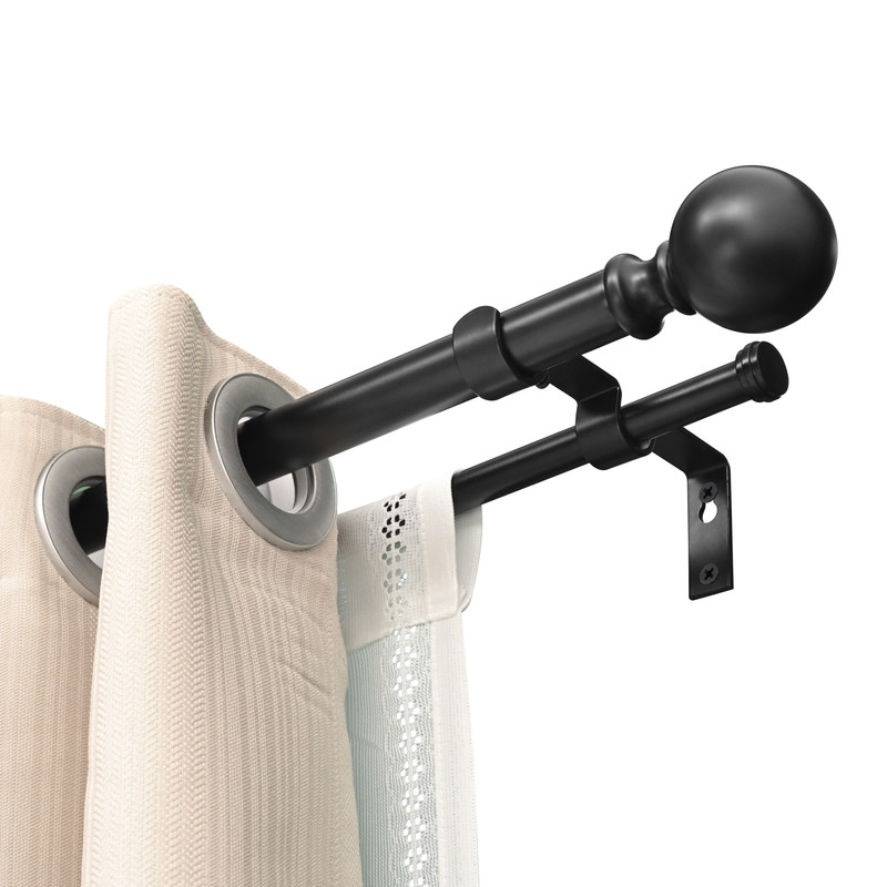 Wall Mounted Window Treatment Telescoping Double Curtain Rod Set with Classic Cap, 1-Inch Diameter, Adjusts from 28 to 48 Inches, Black