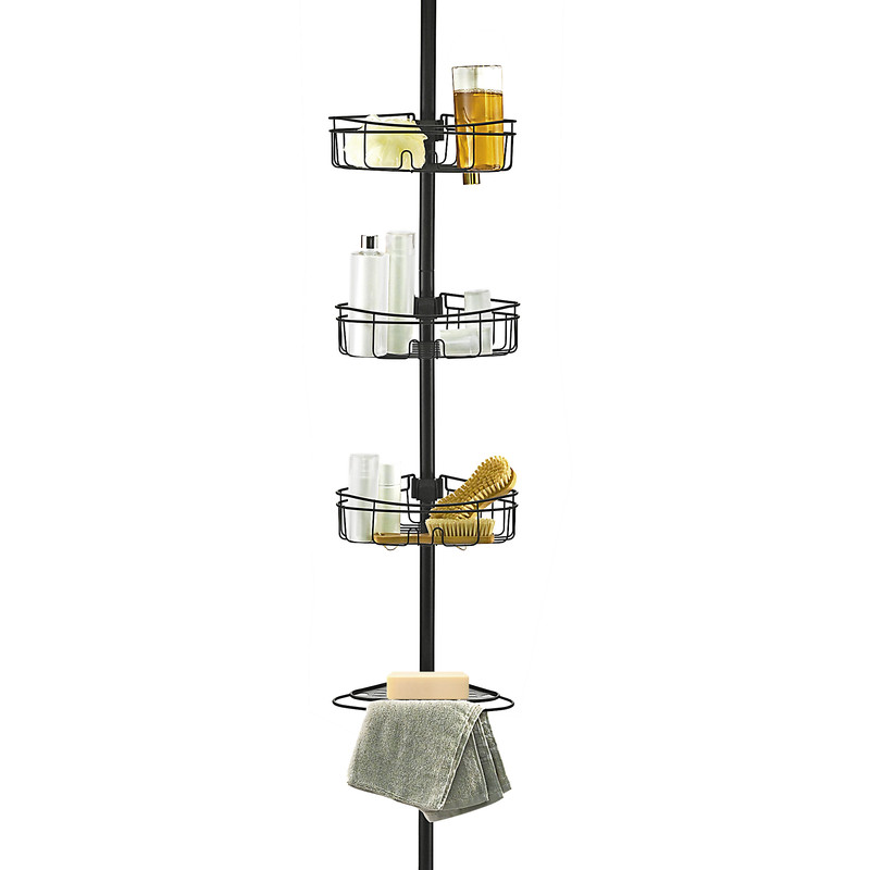 4-Tier Steel Tension Pole Shower Caddy with 3 Baskets & Soap Tray Shelf, Matte Black