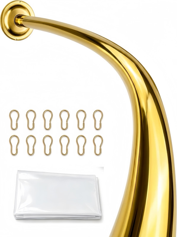 Shower Suite by   - Rustproof Aluminum Curved Shower Curtain Rod Combo Set with Liner & 12 Hooks, Adjustable 45-72 Inch Wall Mount Rod, Gold Finish