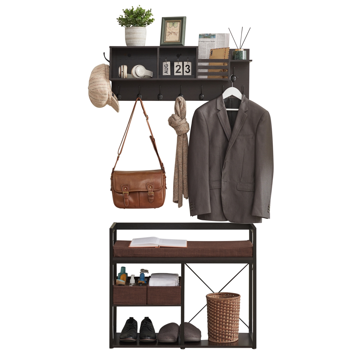 LF04BZ 7-in-1 Wall Mounted Entryway Hall Tree Coat Rack Shoe Bench Set