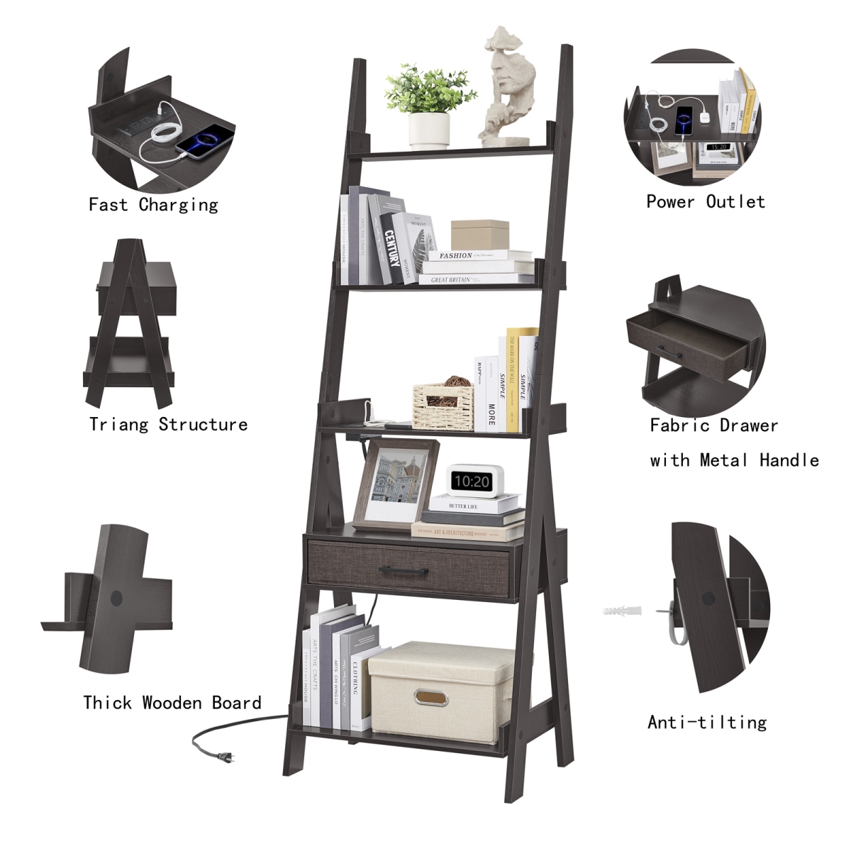 LF01BZ 5 Tier Ladder Bookshelf with Power Outlet, USB Port, Fast Charging & Drawer for Home Office - Espresso