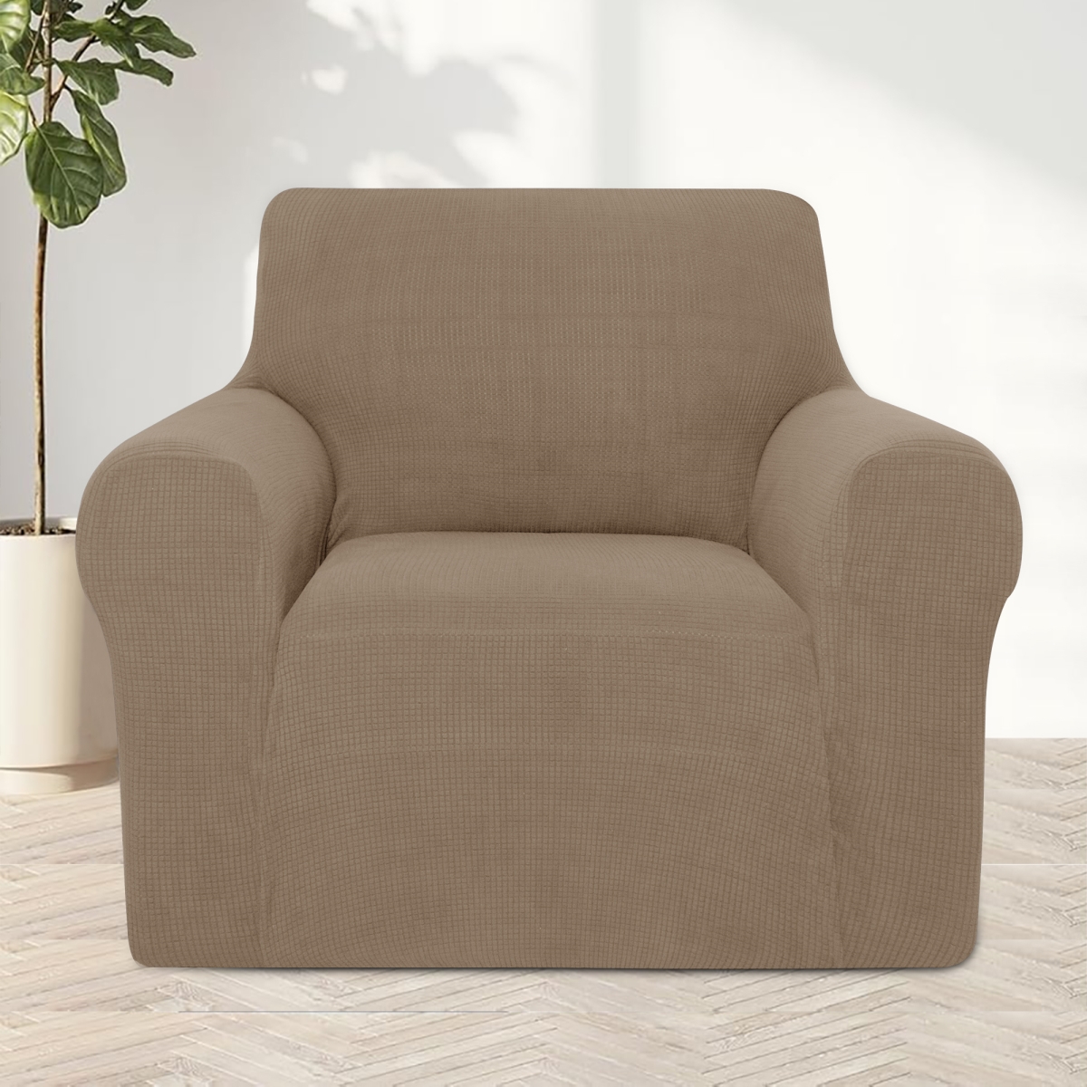 SC15TA Oversized 1 Seater Stretch Jacquard Couch Sofa Chair Slipcover with Non Slip Foam & Elastic Bottom for Kids & Pets - Tan