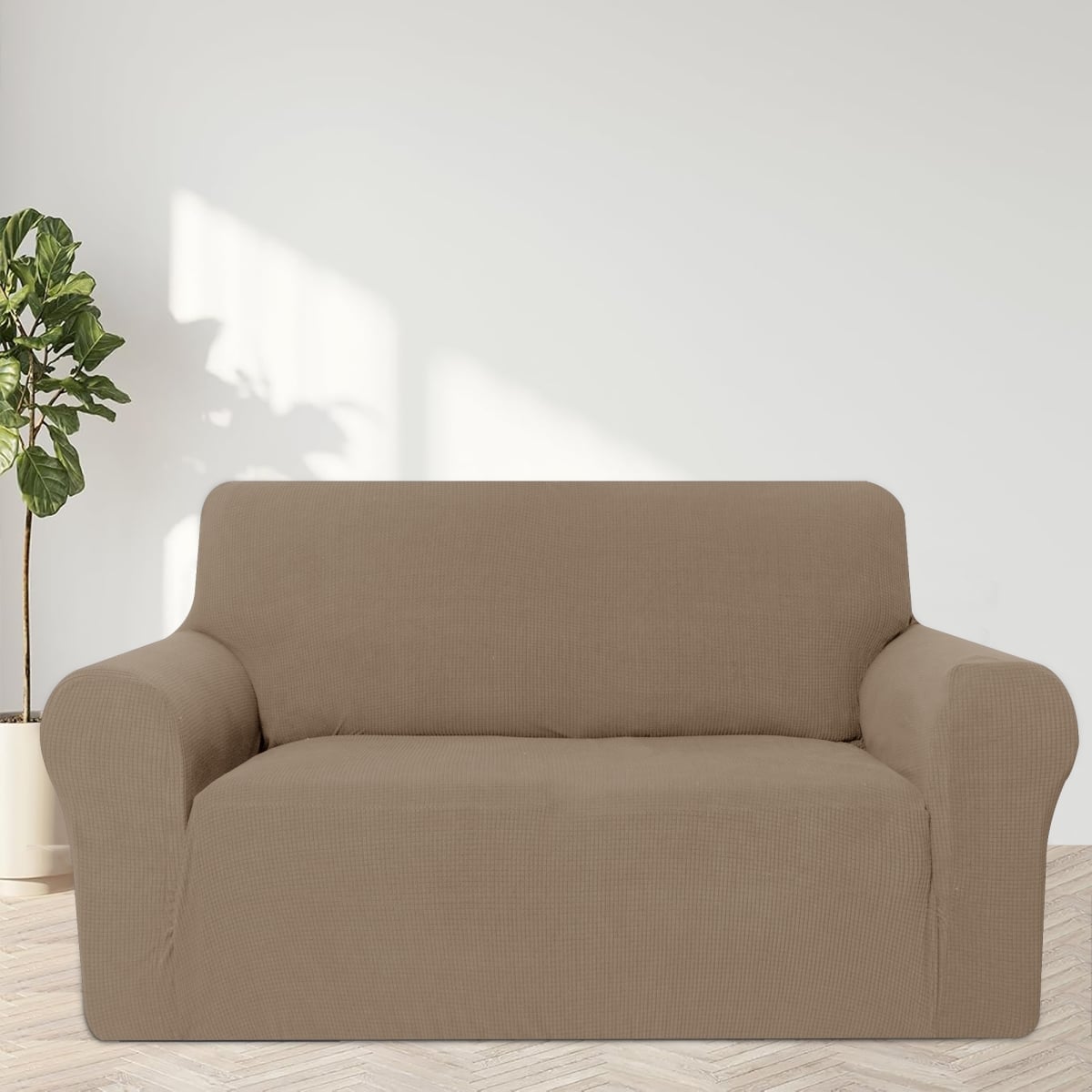 SC16TA Oversized 2 Seater Stretch Jacquard Couch Loveseat Sofa Slipcover with Non Slip Foam & Elastic Bottom for Kids & Pets - Tan