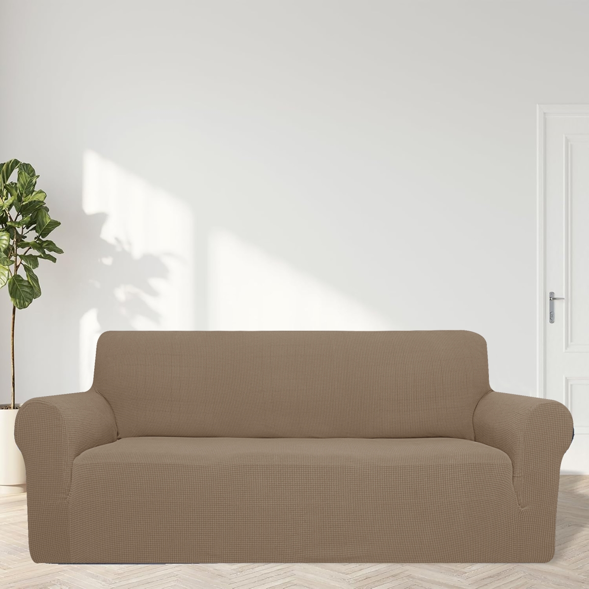 SC17TA Oversized 3 Seater Stretch Jacquard Couch Sofa Slipcover with Non Slip Foam & Elastic Bottom for Kids & Pets - Tan