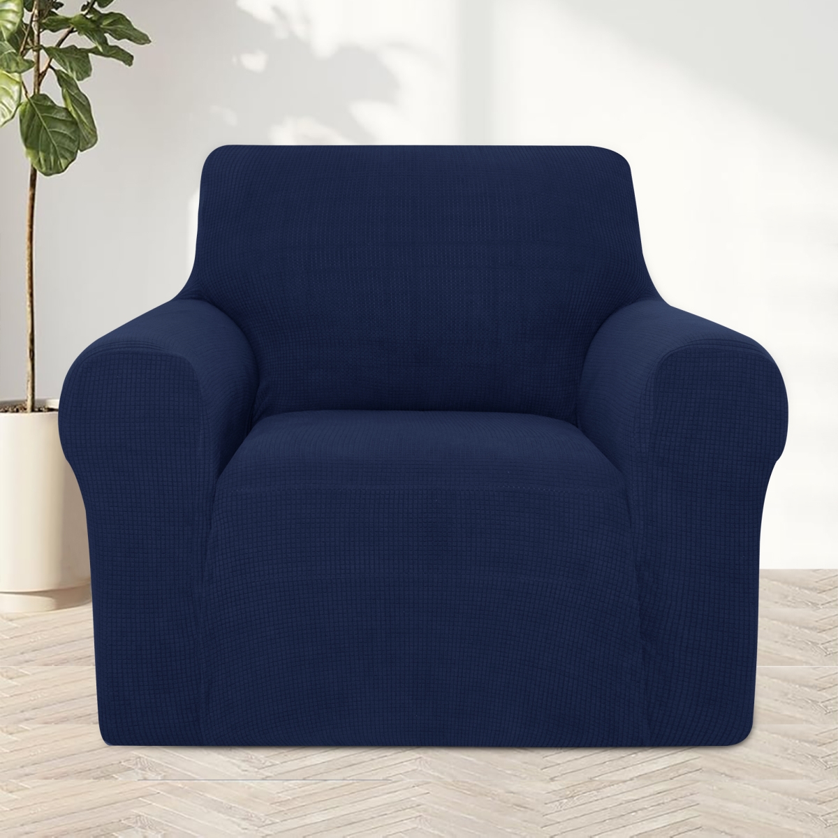 SC15NY Oversized 1 Seater Stretch Jacquard Couch Sofa Chair Slipcover with Non Slip Foam & Elastic Bottom for Kids & Pets - Navy