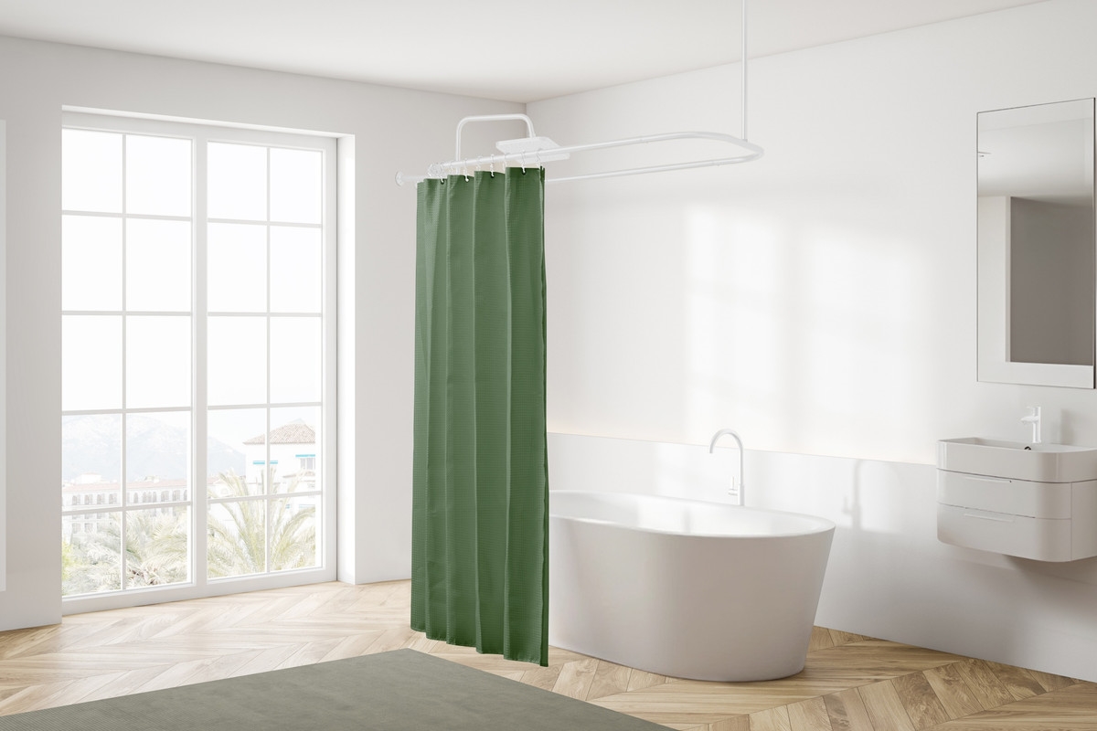 HP915WW  HP915WW Rustproof Wall Mounted Aluminum Hoop Shower Rod With Ceiling Support for Clawfoot Tub, 46 Inch Size by 22 Inch, White
