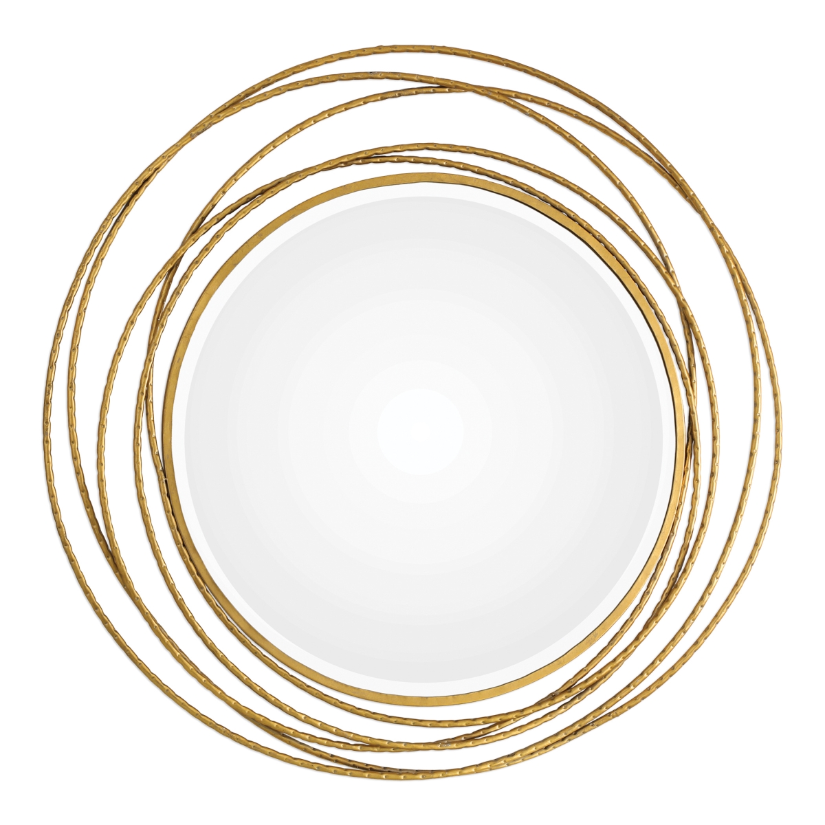 Arabella Hollywood Regency Gold Leaf Iron Coil Round Beveled Wall Mirror