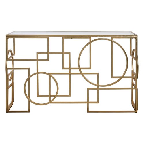 Picture of 212 Main 24708 32 x 52 x 16 in. Metria Gold Console Table - Iron &amp; Glass