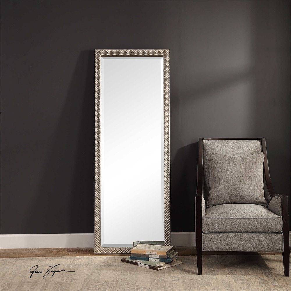 Cecille Modern Classic Diamond Stud Textured Silver Wood Floor Mirror