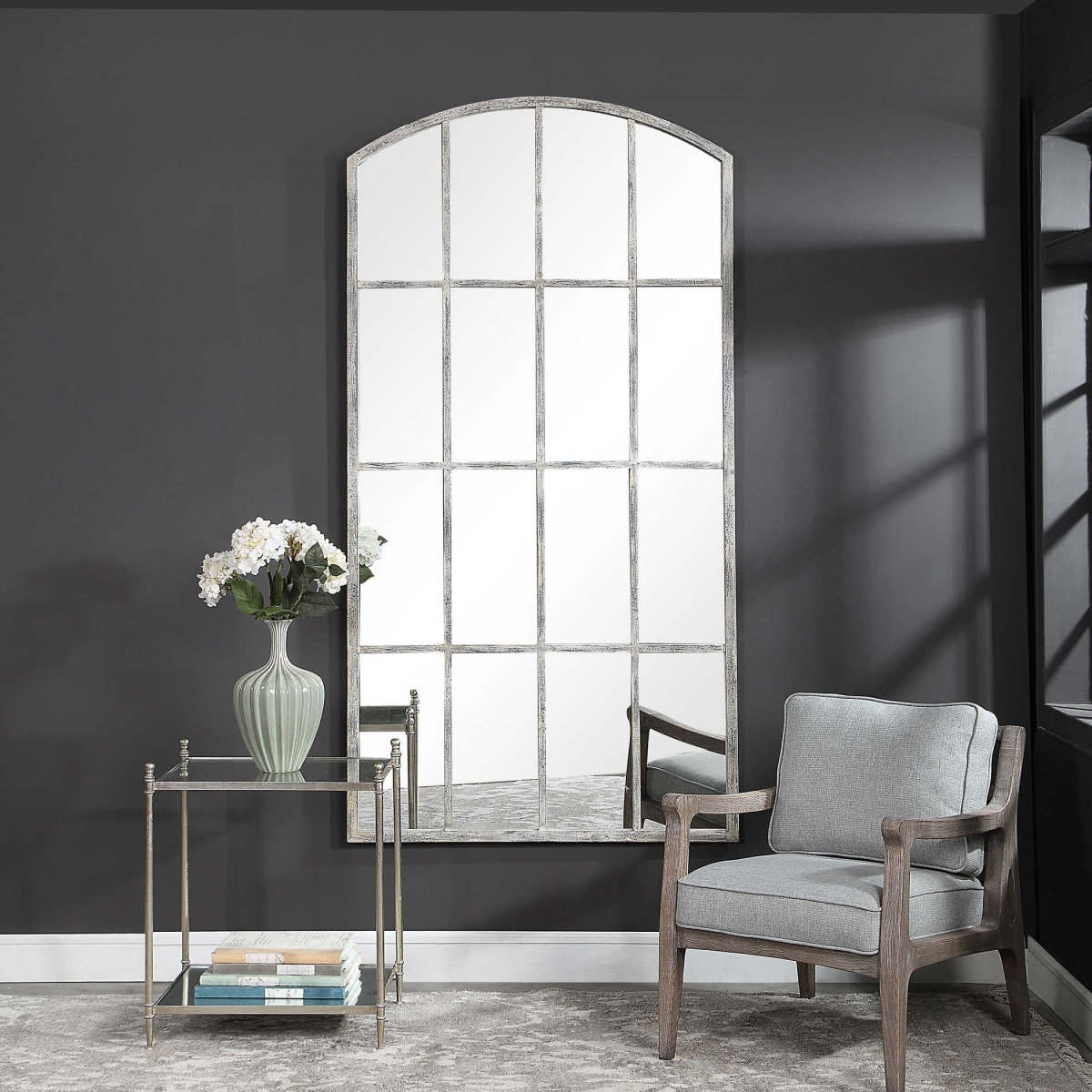 Mira French Country Grey Arched Floor Mirror