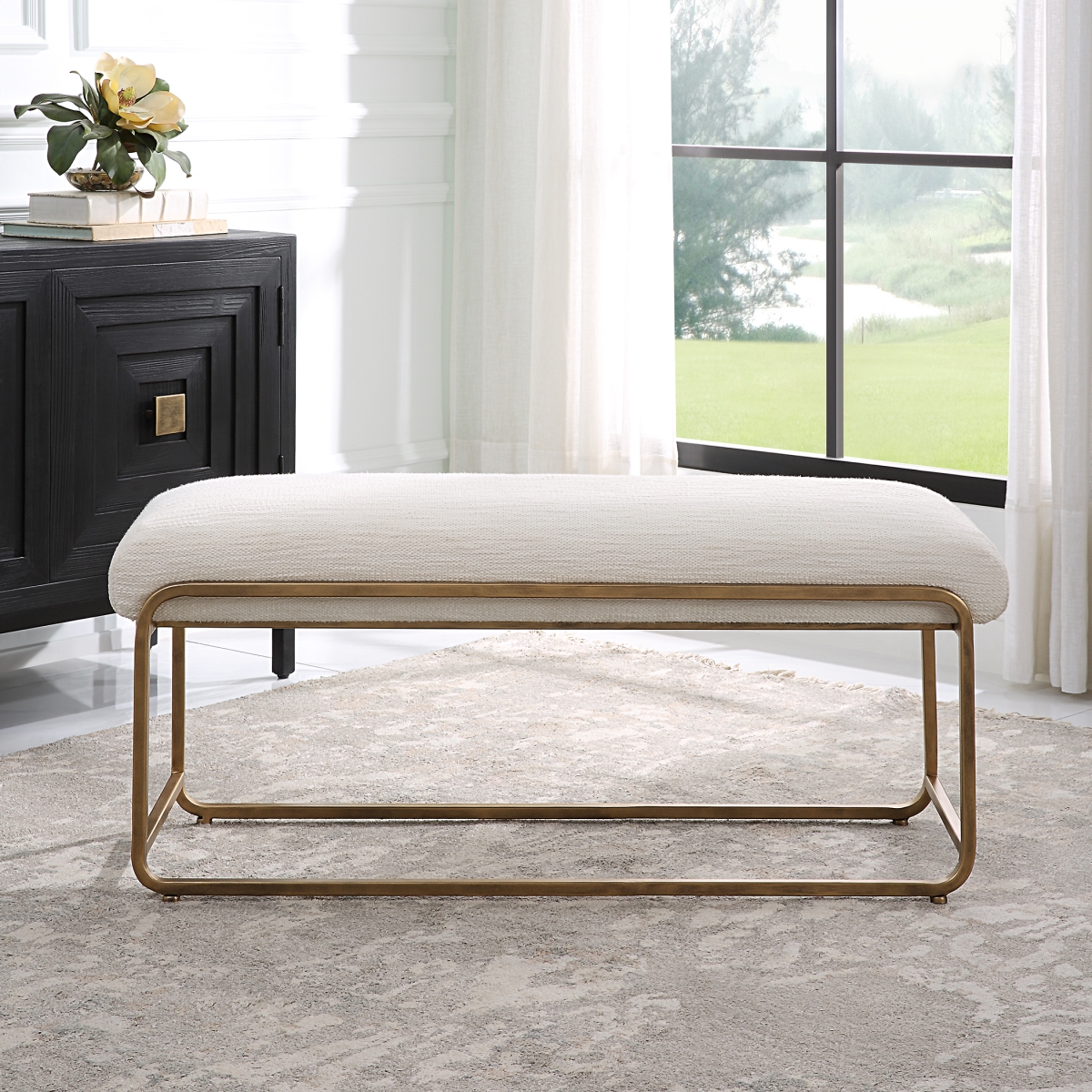 Picture of 212 Main W23021 47 x 20 x 16 in. Upholstered Bench&#44; Antique Brushed Brass & White