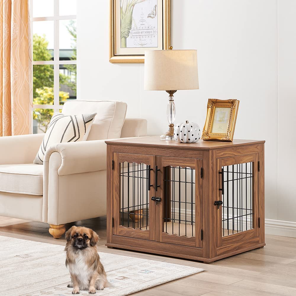 Picture of beeNbkks EV1011 Medium Wire Pet Crate with Cushion -  Walnut
