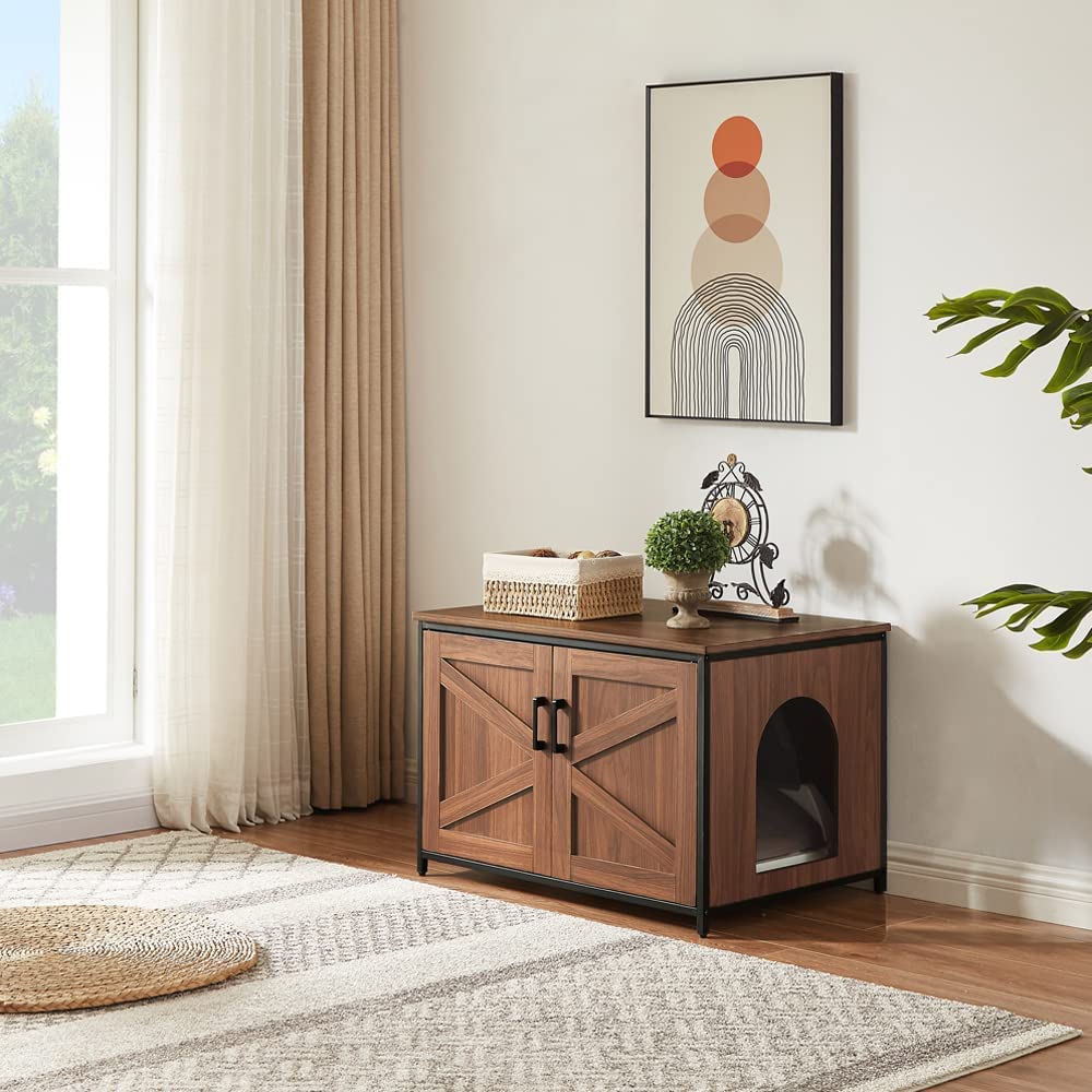 Picture of UniPaws UH5175 Cat Litter Box Enclosure with Frame Open Top -  Walnut