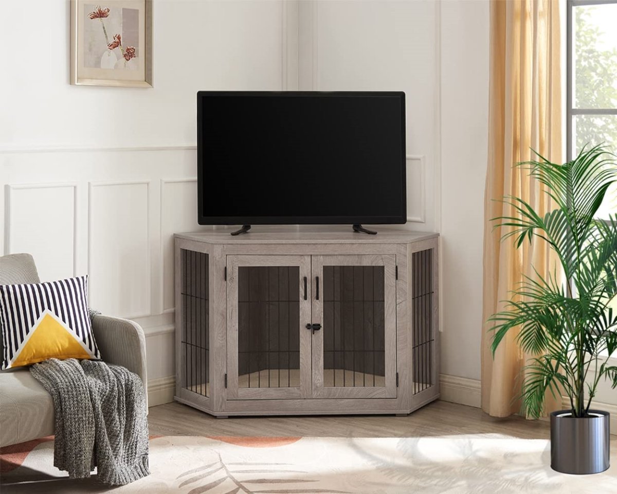 Picture of beeNbkks EV1050 Large Corner Dog Crate Double Doors -  Weathered Grey