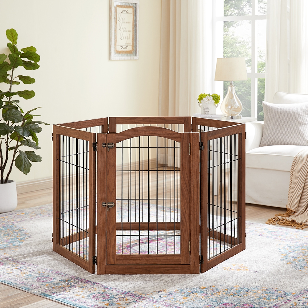 Picture of beeNbkks EV1039 beeNbkks EV1039 6 Panels Pet Gate with Play Pen -  Walnut