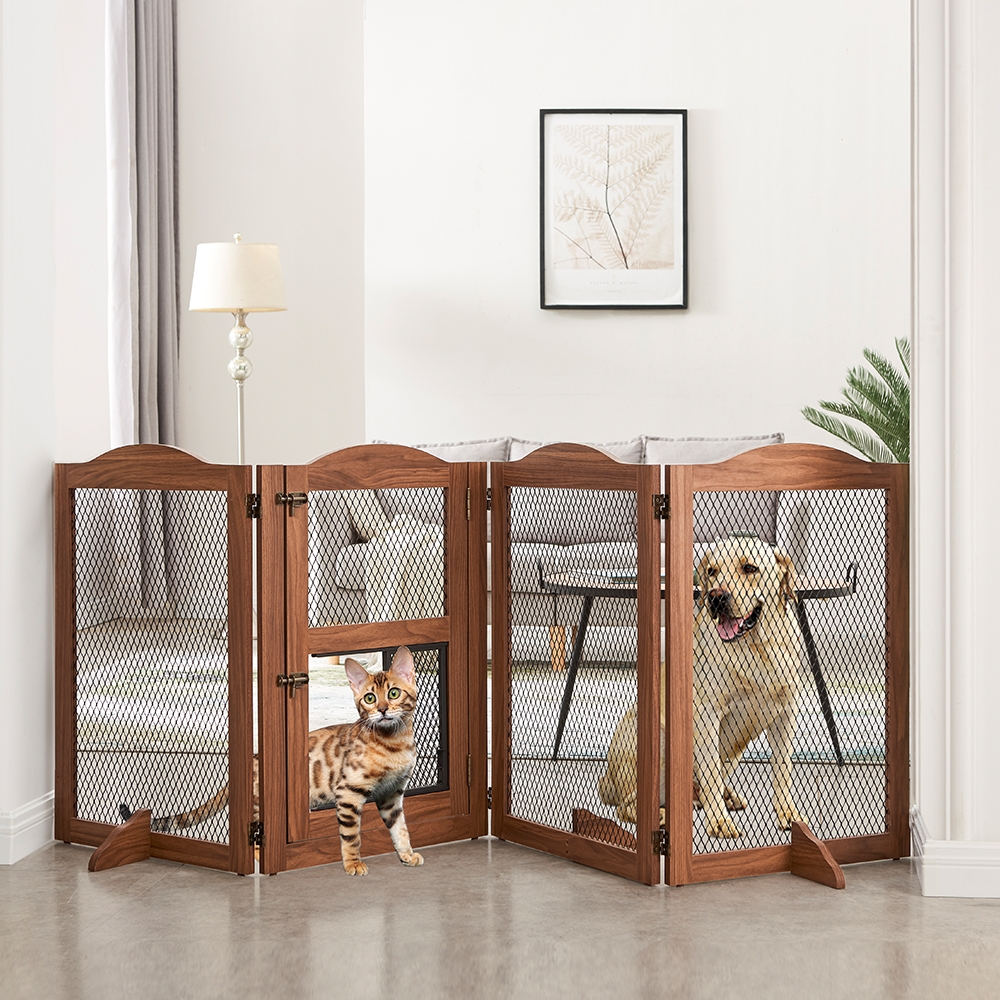 Picture of beeNbkks EV1047 beeNbkks EV1047 4 Panels Pet Gate with Small Cat Door