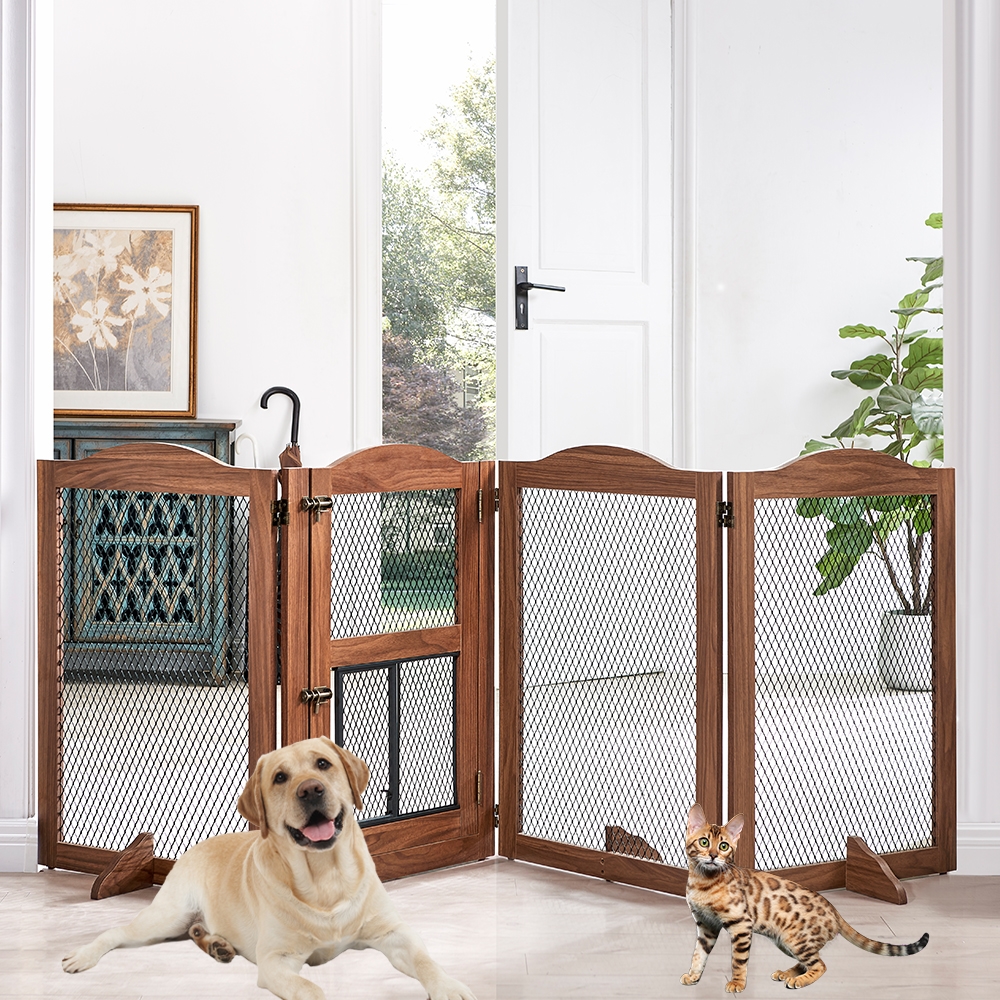 Picture of beeNbkks EV1047 beeNbkks EV1047 4 Panels Pet Gate with Small Cat Door