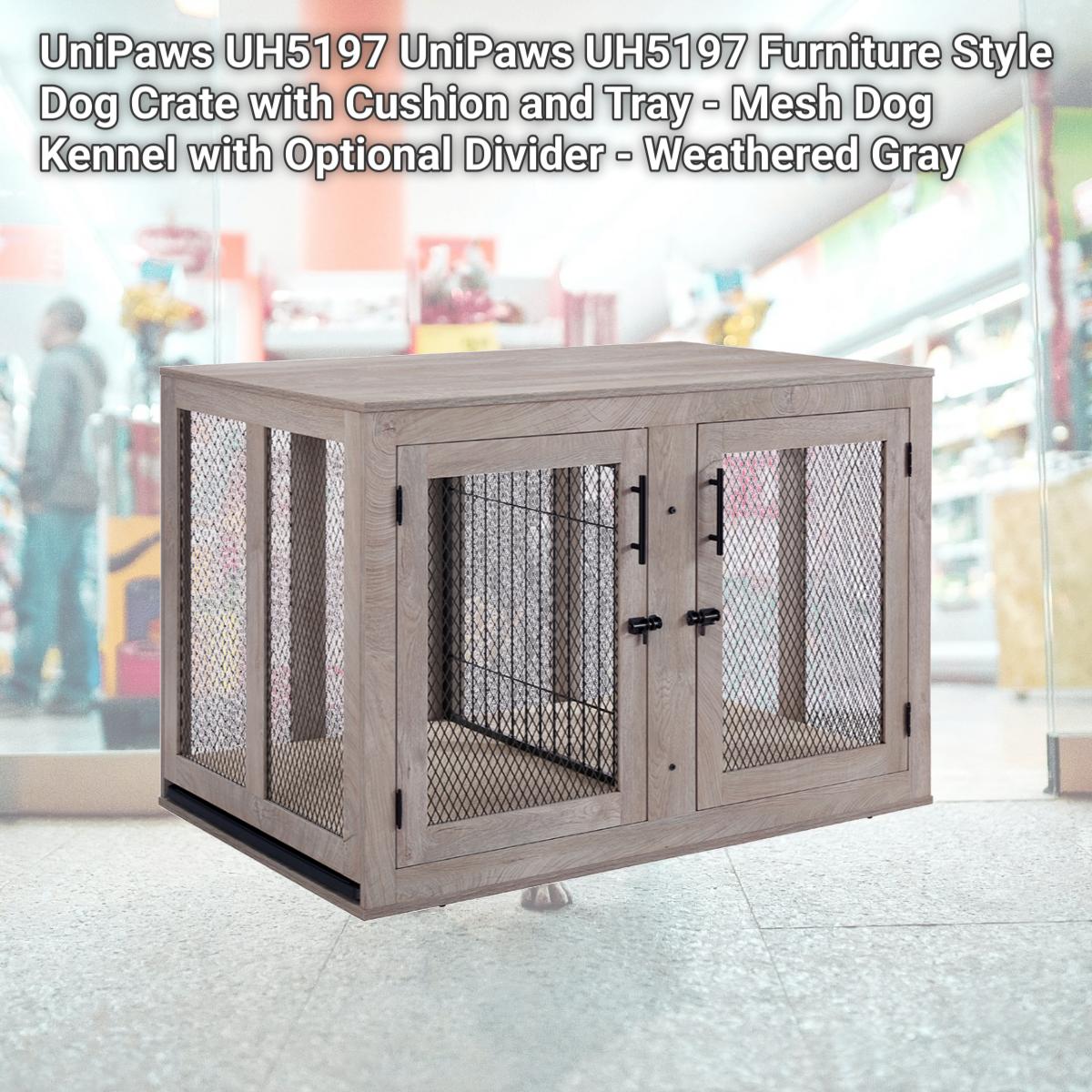 Picture of UniPaws UH5197 UniPaws UH5197 Furniture Style Dog Crate with Cushion and Tray - Mesh Dog Kennel with Optional Divider - Weathered Gray