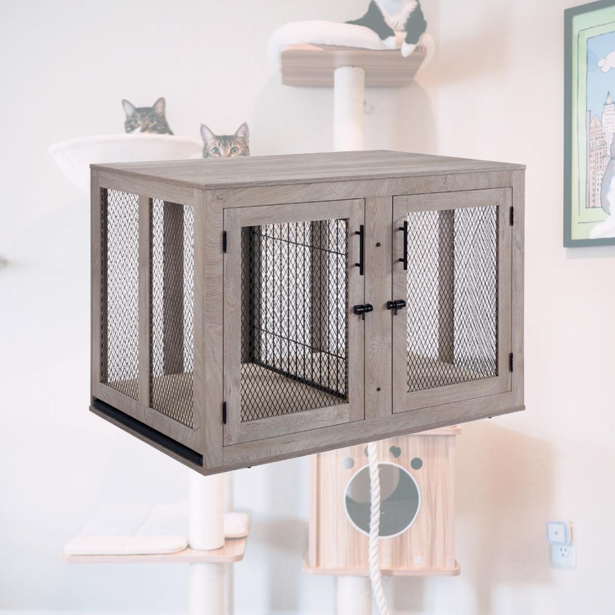 Picture of UniPaws UH5197 UniPaws UH5197 Furniture Style Dog Crate with Cushion and Tray - Mesh Dog Kennel with Optional Divider - Weathered Gray
