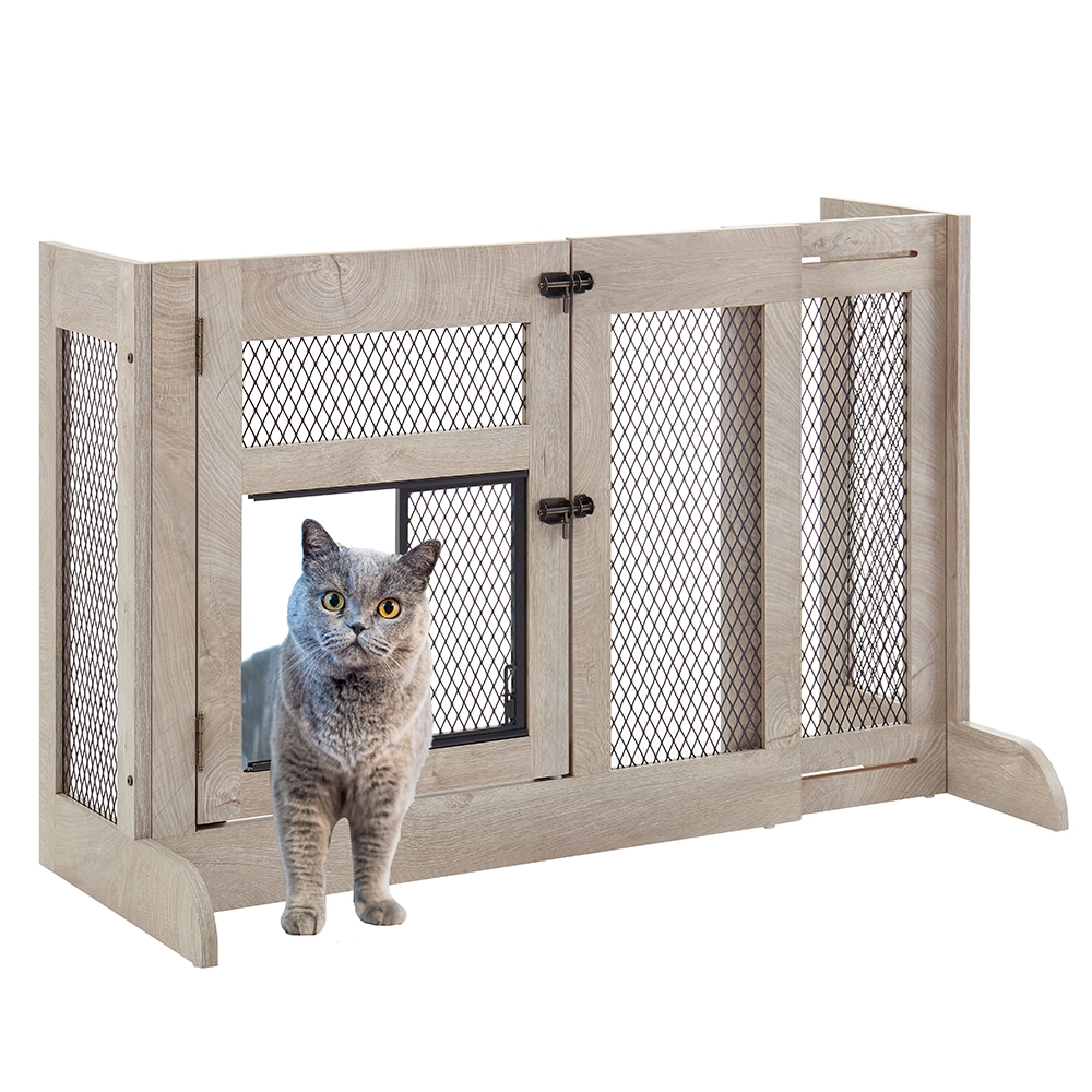 Picture of Unipaws UH5198 Unipaws Free Standing Dog Gate with Cat Door&#44; Walk Through Mesh Pet Gate&#44; 33.3&apos;-41.6&apos; Adjustable Wooden Dog Barrier