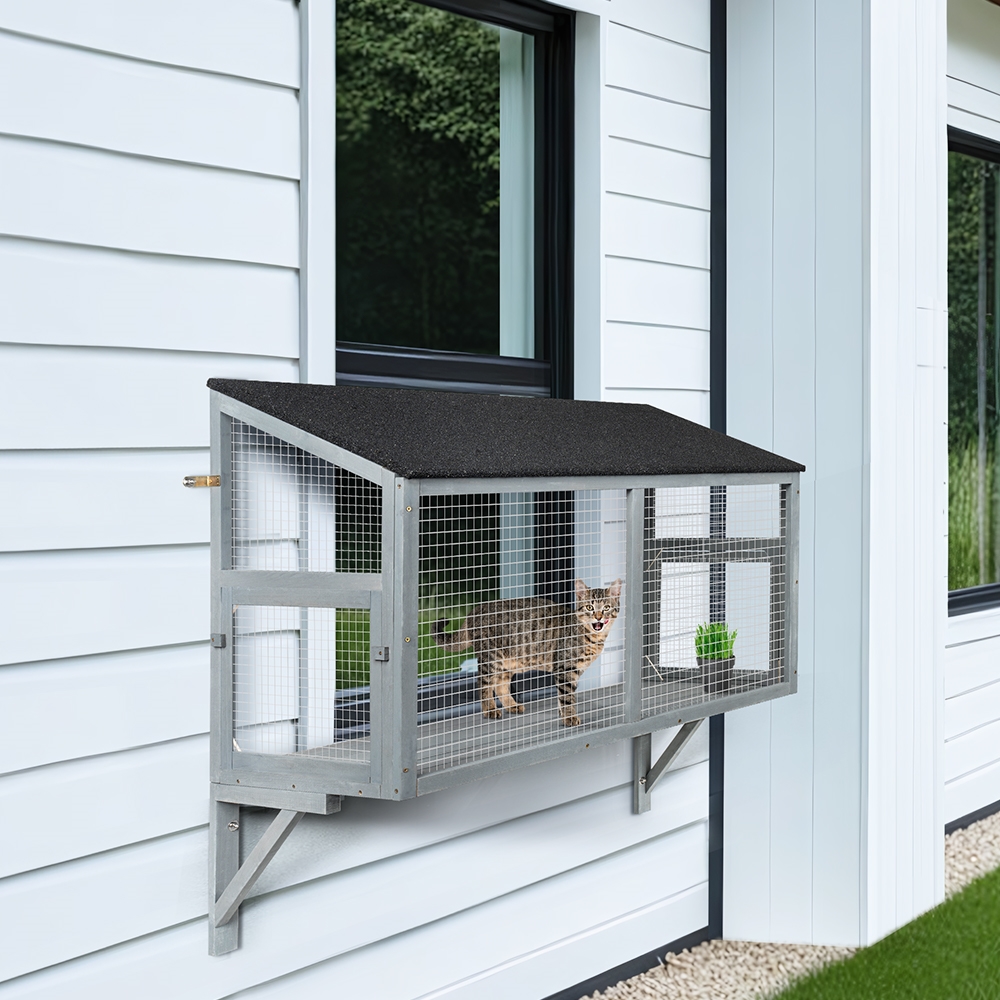 Picture of beeNbkks EV1057 beeNbkks EV1057 Cat Catio&#44; Window Box Enclosure For Indoor Cat&#44; Wooden Cat Window Perch House&#44; Expandable for Multi Cats