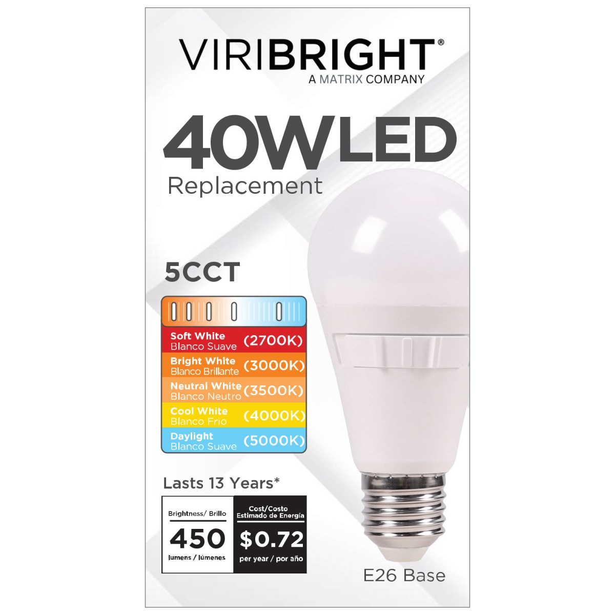 EA19-DM-CCT-450105  A19 LED Light Bulb, 40W Equivalent, Dimmable, CEC T20, 5CCT
