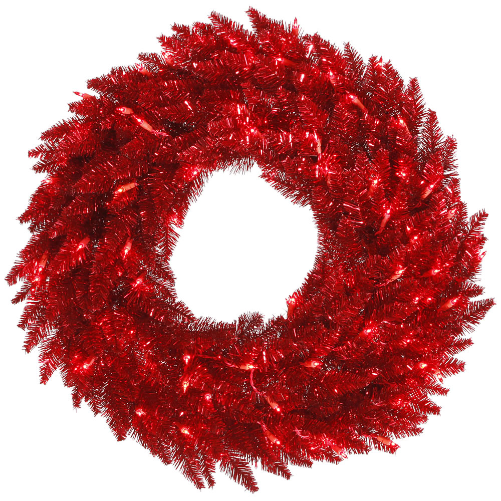 Tinsel Red Dural-Lit Wreath with Red LED Lights, 24 in.