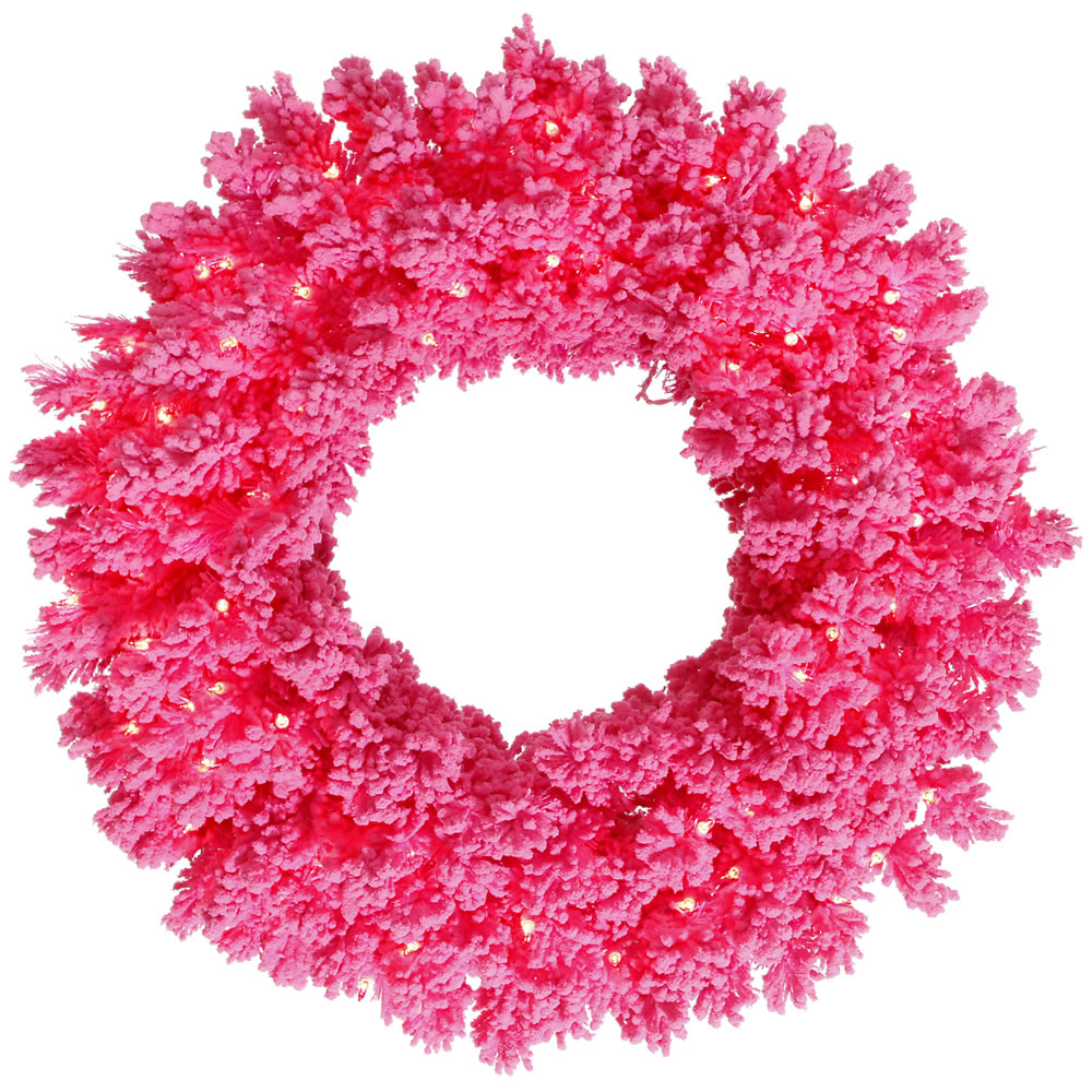 Flocked Pink Dural-Lit Wreath with Pink LED Lights, 24 in.