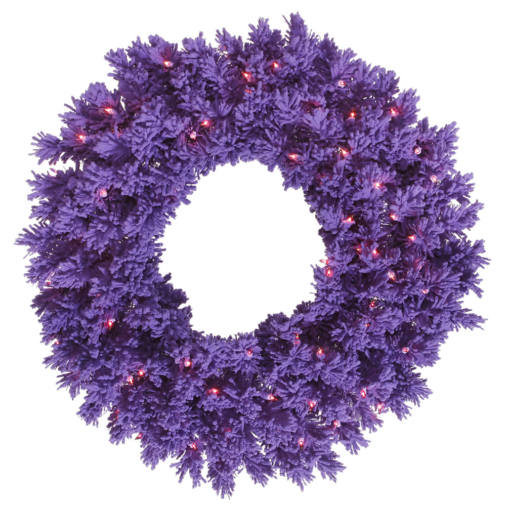 Flocked Purple Dural-Lit Wreath with Purple LED Lights, 24 in.