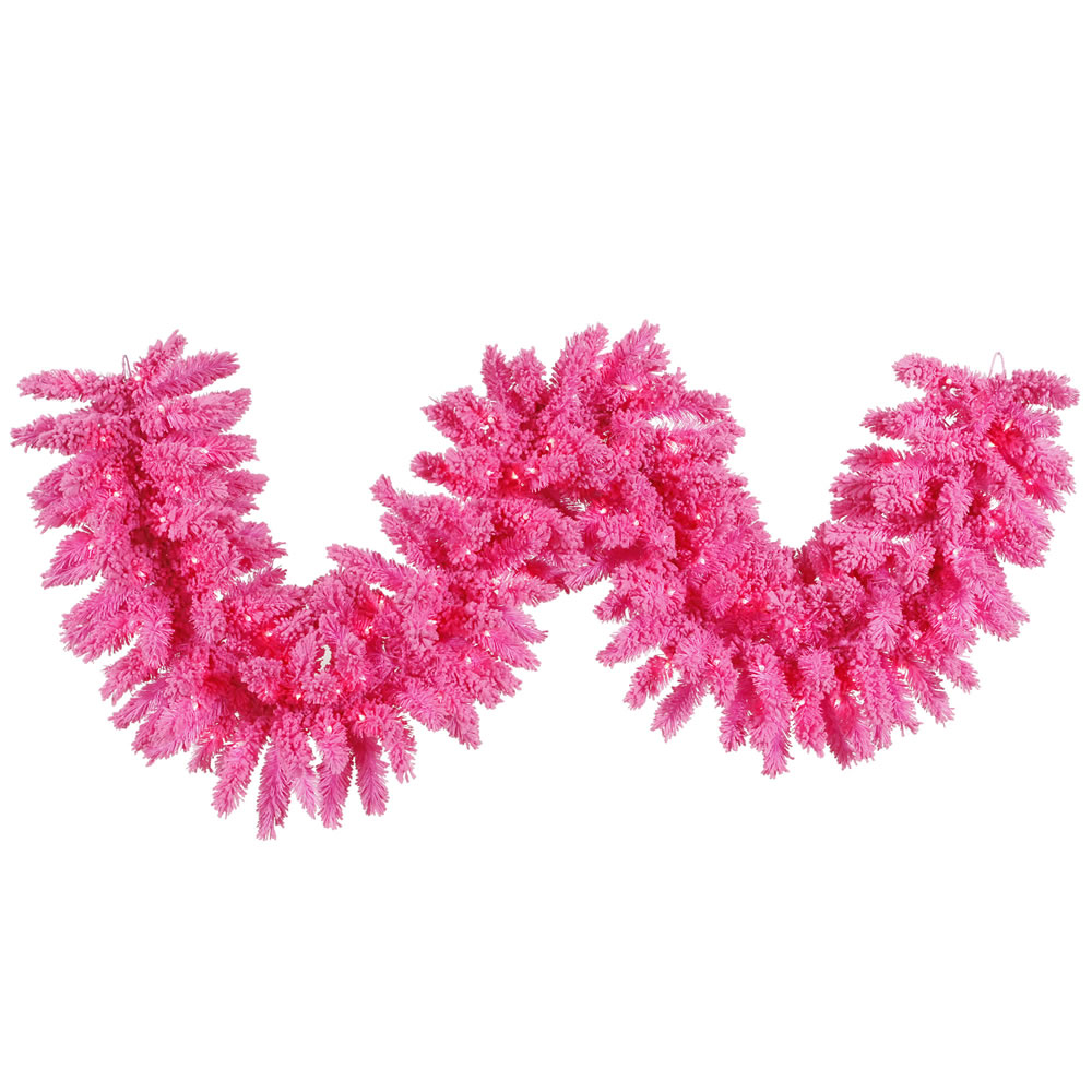 Flocked Pink Durl-Lit Garland with Pink LED Lights - 9 ft. x 14 in.