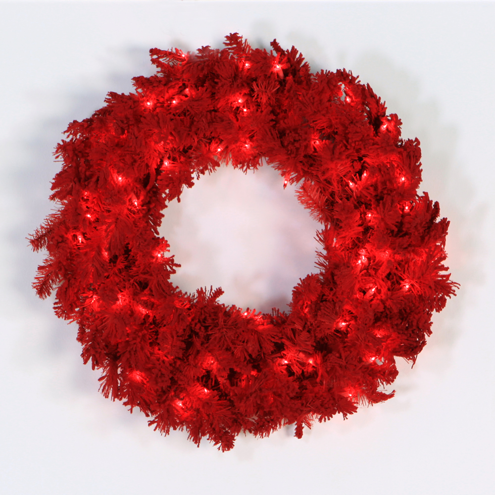 Flocked Red Dura-Lit Wreath with Red LED Lights, 30 in.