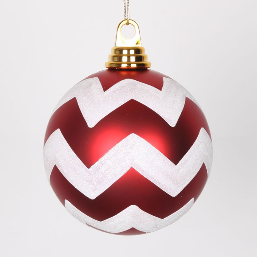 M143473 Red & White Matte-Glitter Chevron Ball - 4.75 in. - 3 Per Box