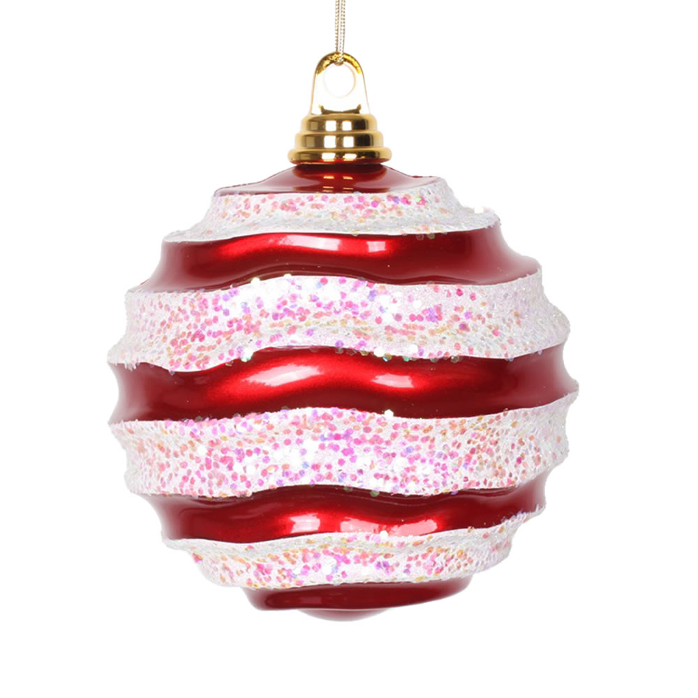 Red White Candy Glitter Wave Ball Ornament - 6 in.