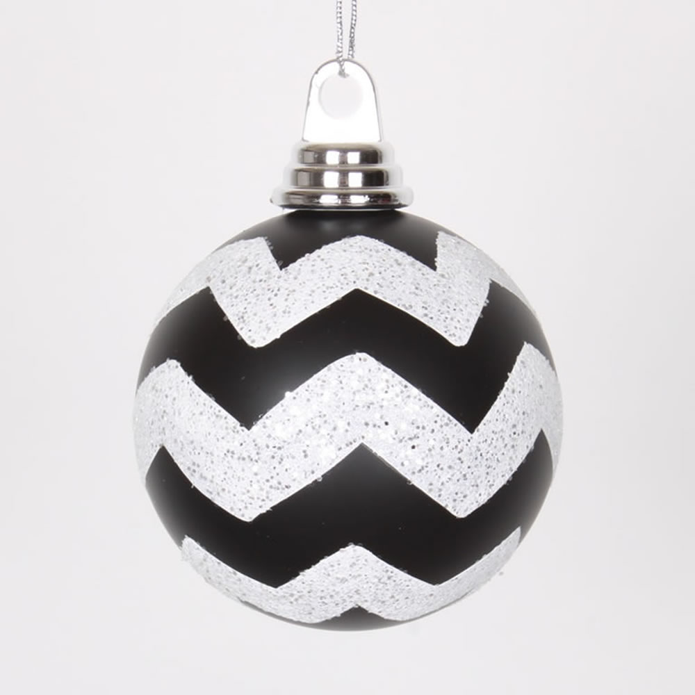 Black & White Matte-Glitter Chevron Ball - 4 in. - 4 Per Box
