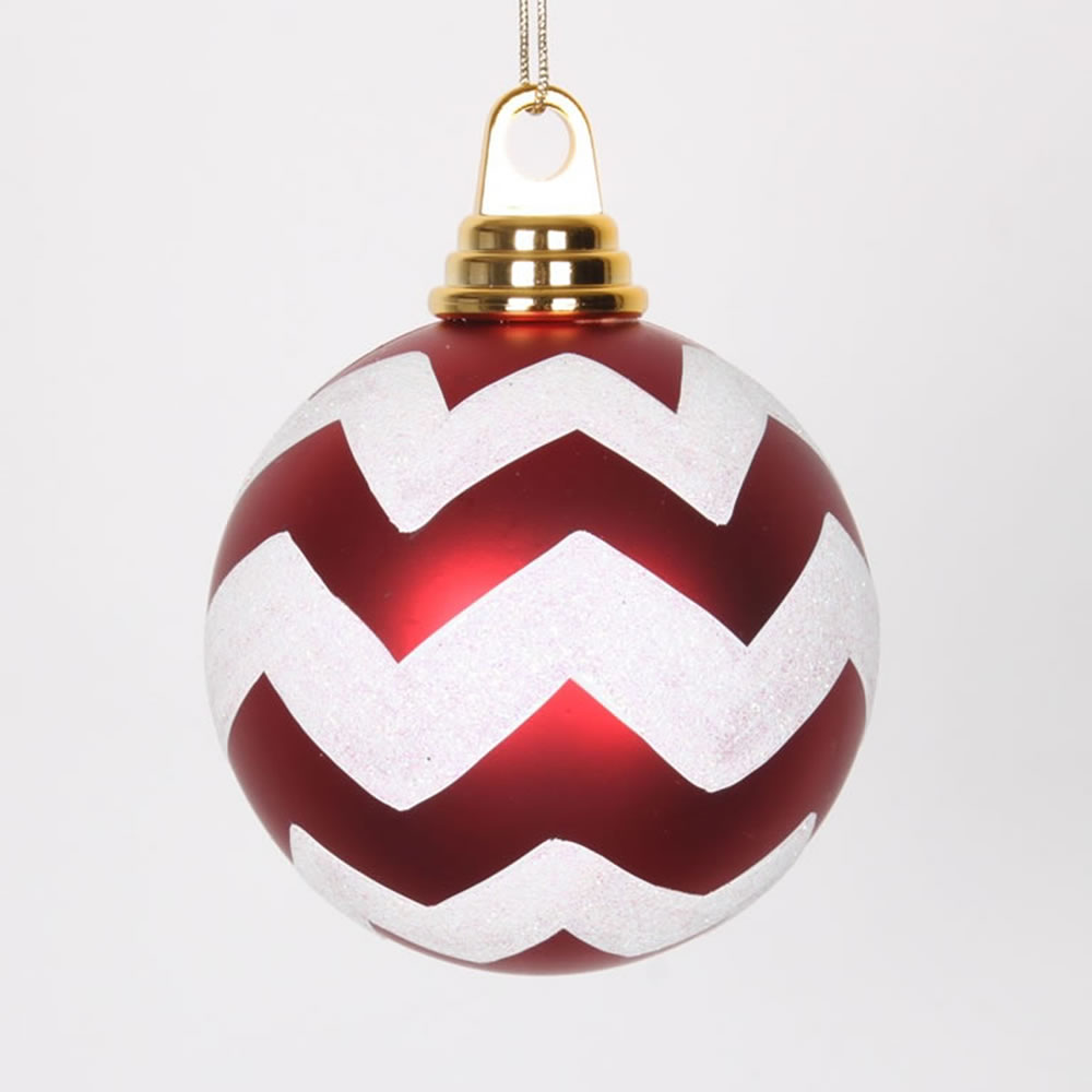 Red & White Matte-Glitter Chevron Ball - 4 in. - 4 Per Box