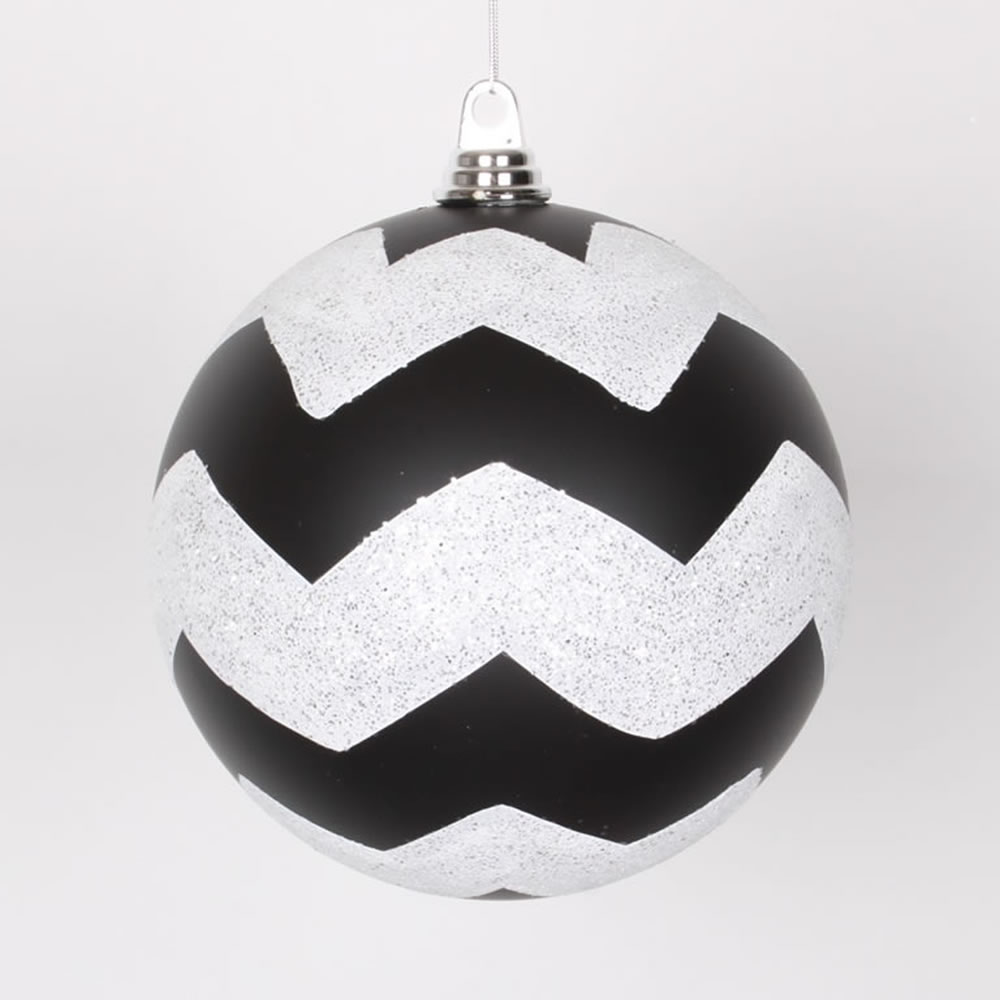 Black & White Matte Glitter Chevron Ball Ornament, 8 in.