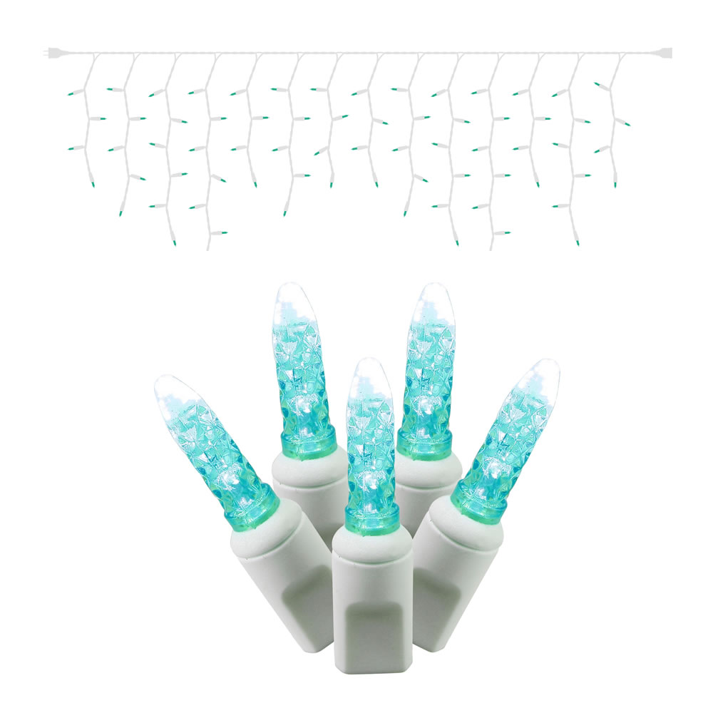 White Wire M5 Twinkle 9 ft. Long Icicle Light Set with Teal LED Lights