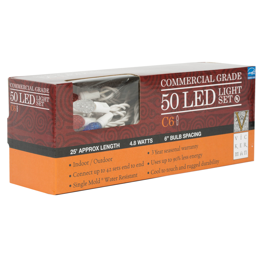 X6W8521 LED White Wire C6 End Connecting Set 6 in. Spacing 25 ft. Long Light Set with Red, White & Blue Lights
