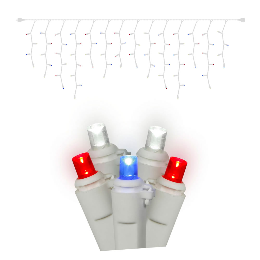 X6W3321 White Wire Wide Angle End Connecting 9 ft. Long Icicle Light Set with Red, White, Blue LED Lights