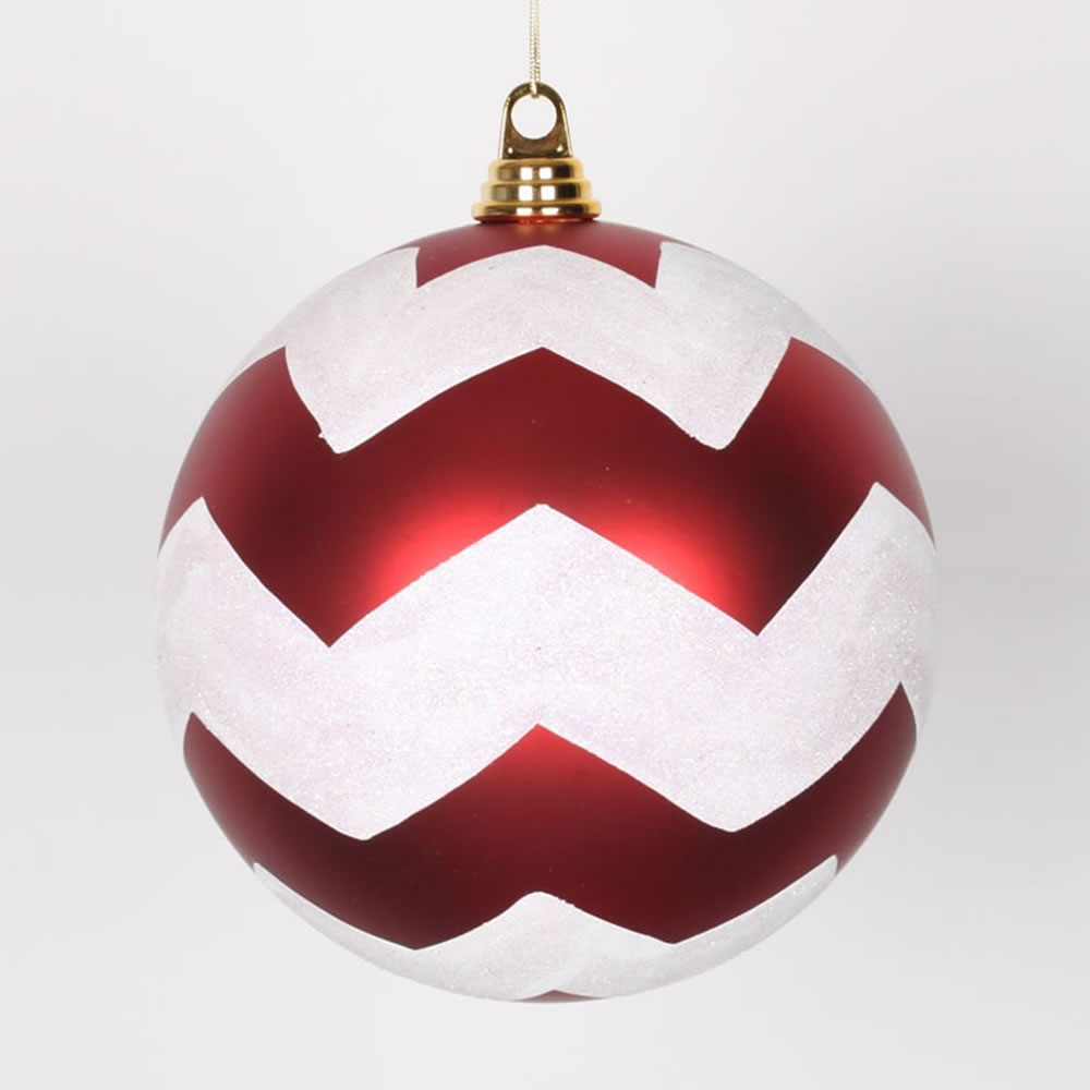 8 in. Red-White Matte-Glitter Chevron Ball