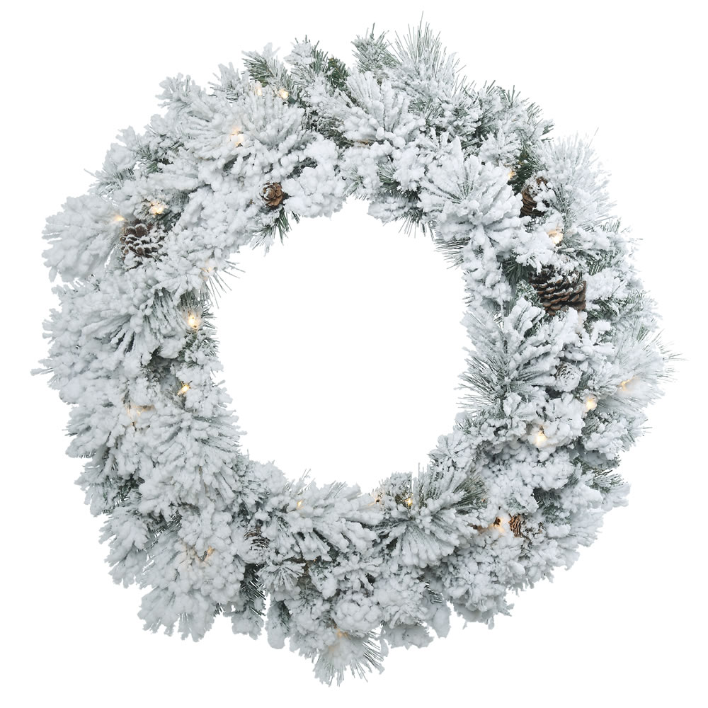 30 in. Flocked Ashton Wreath with 50 Clear Dura Light