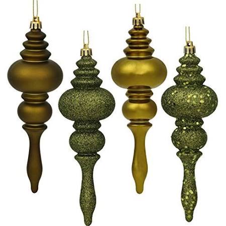 4 in. Moss Green Finial 4 Finish Assorted Color Christmas Ornament - 8 per Box