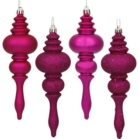 4 in. Pink Finial 4 Finish Assorted Color Christmas Ornament - 8 per Box
