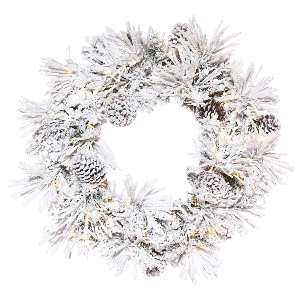 24 in. Flocked Atka Green Pine Wreath with 3 mm & 150 Warm White Light