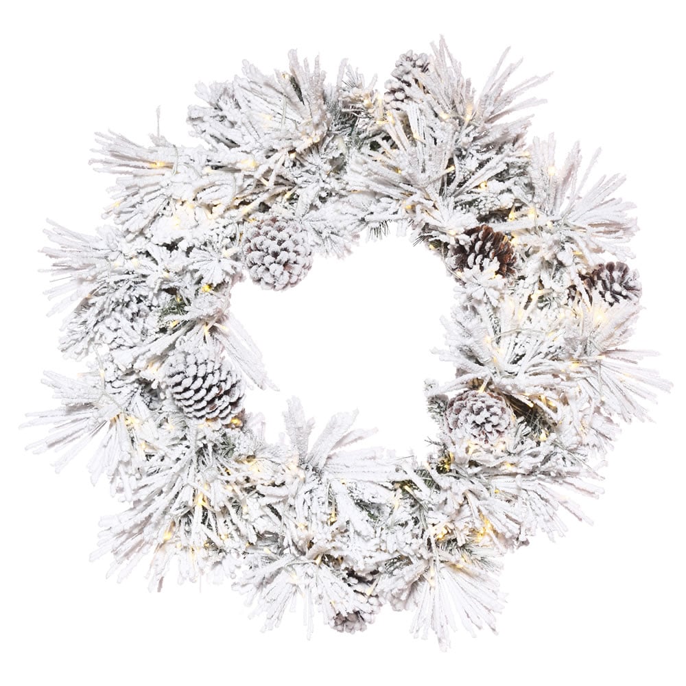48 in. Flocked Atka Green Pine Wreath with 3 mm & 300 Warm White Light